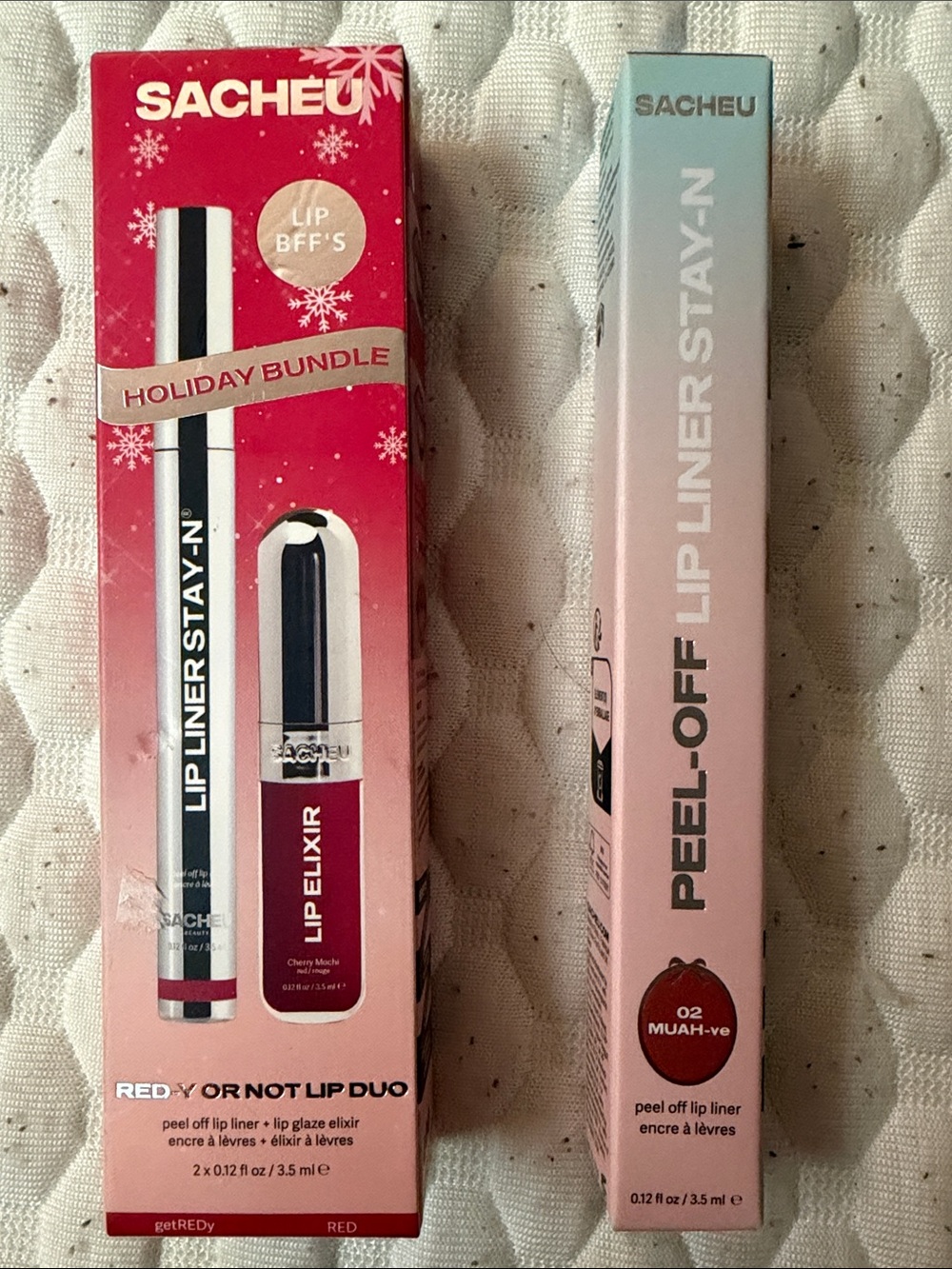 NIB SACHEU Peel-Off Lip Liner Stay-n & Elixir Duo - Red Bundle + Natural Mauve